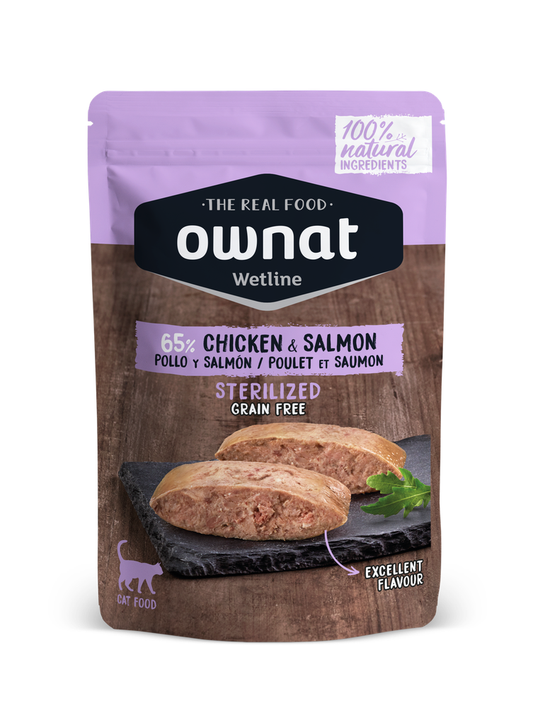 [057004] OWNAT WETLINE CAT STERILIZED Pollo y Salmon (12 x 85 gr)